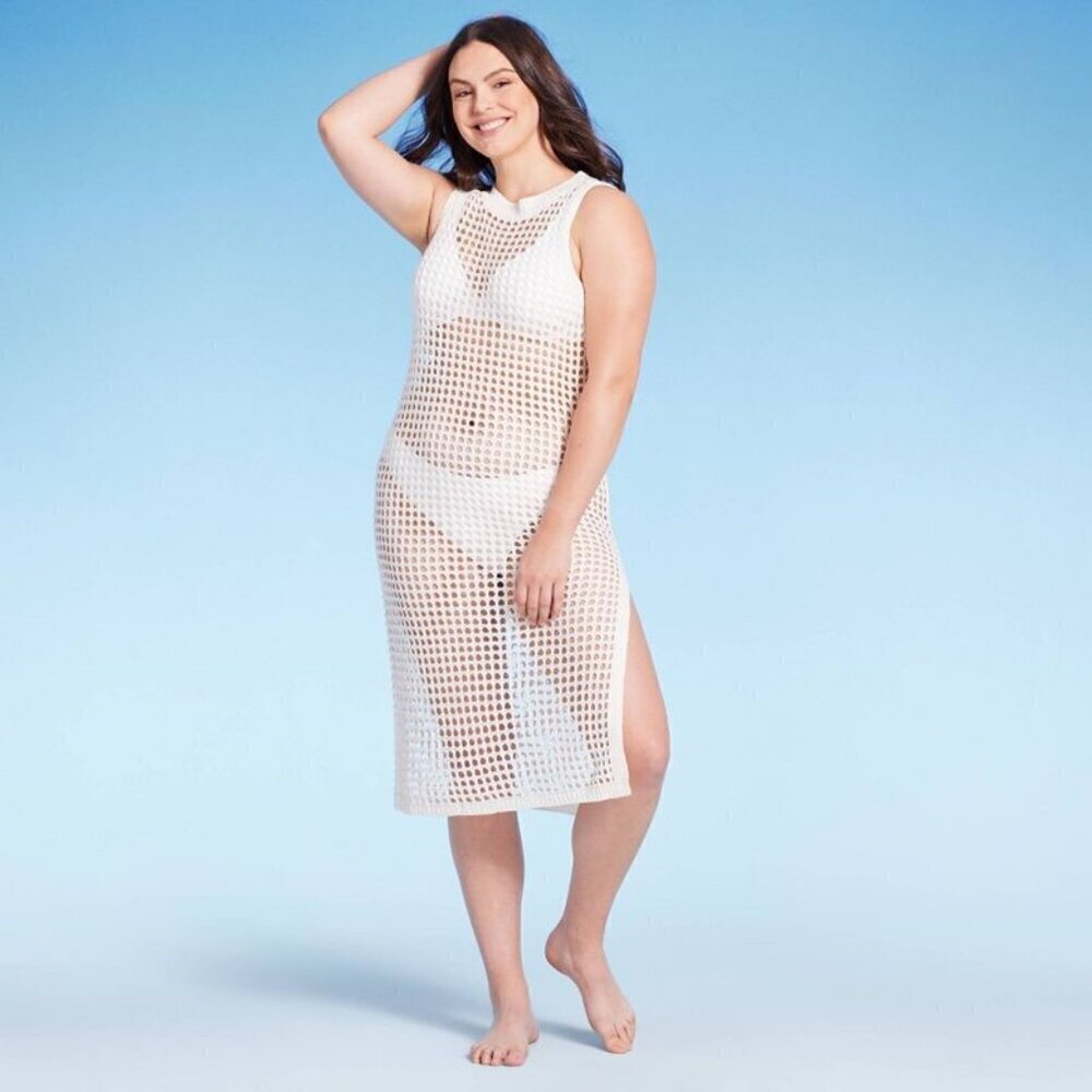 Shade & Shore - Women's Crochet Cover Up Midi Dress, Cream / Off-White